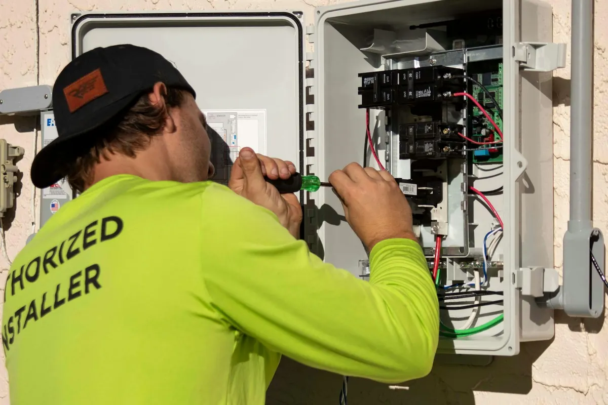 Técnico trabajando con un destornillador en una caja de control eléctrico
